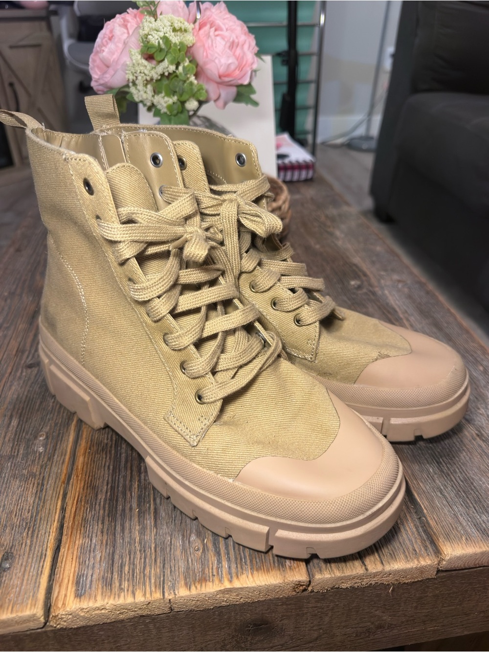 No Boundaries Women's Lace-Up Canvas Combat Boots in Beige